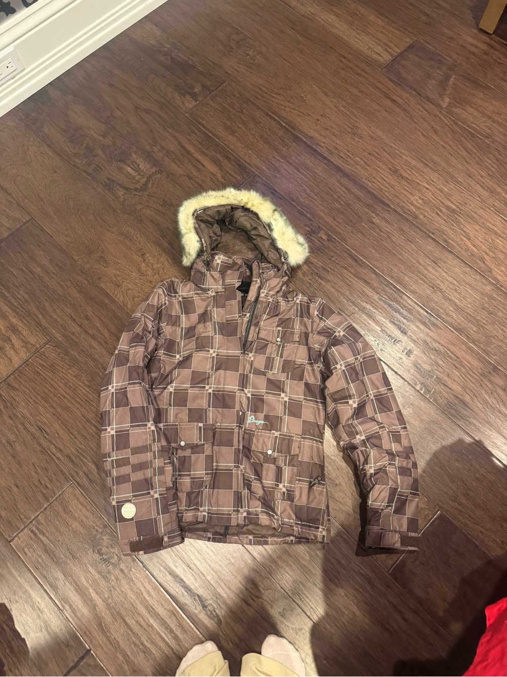 Geox Brown Plaid ski puffer Coat with Faux Fur Trim